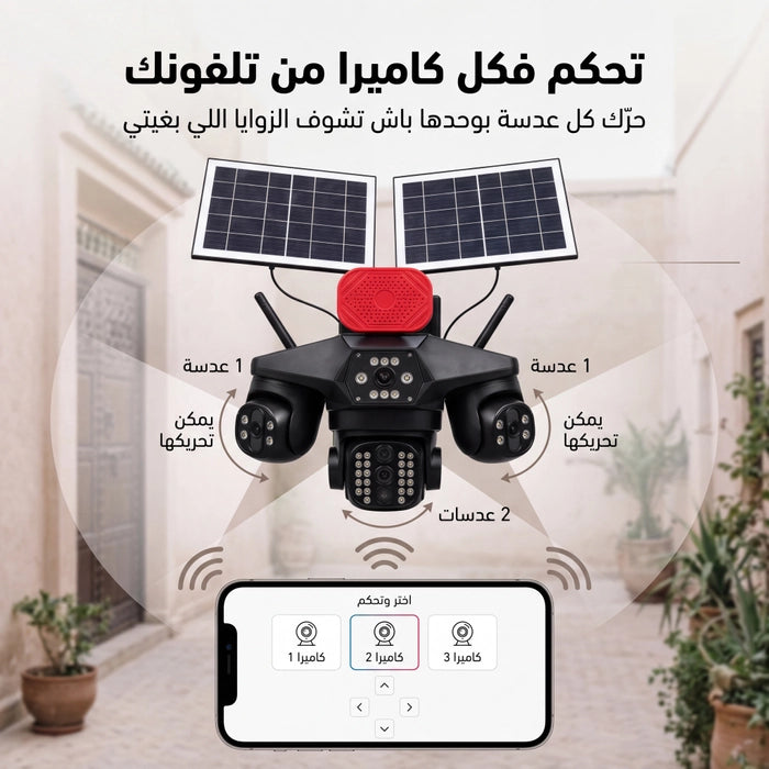 كاميرا مراقبة بالطاقة الشمسية و 5 عدسات | رؤية ليلية ملونة وتحكم عن بُعد